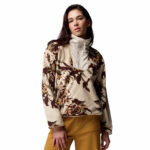 a women wearing a sequoia grove printed half zip fleece