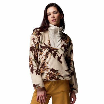 a women wearing a sequoia grove printed half zip fleece