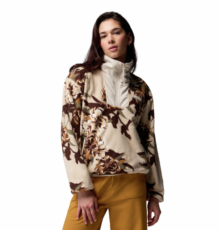 a women wearing a sequoia grove printed half zip fleece