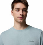 a man wearing a blue tech trail utility warm long sleeve crew shirt