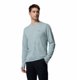 a man wearing a blue tech trail utility warm long sleeve crew shirt