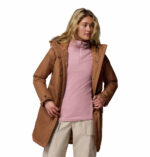 a women wearing a brown Suttle Mountain Long Insulated Jacket