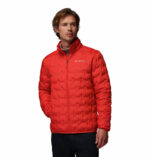 a man wearing a orange Delta Ridge II Down Jacket