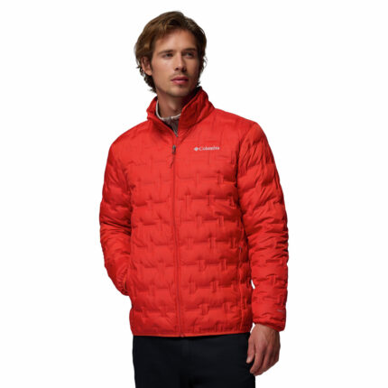 a man wearing a orange Delta Ridge II Down Jacket