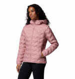 a women wearing a pink Delta Ridge II Down Hooded Jacket