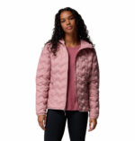 a women wearing a pink Delta Ridge II Down Hooded Jacket