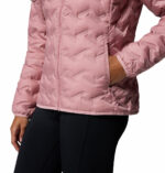 a women wearing a pink Delta Ridge II Down Hooded Jacket