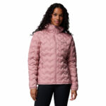 a women wearing a pink Delta Ridge II Down Hooded Jacket