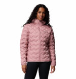 a women wearing a pink Delta Ridge II Down Hooded Jacket
