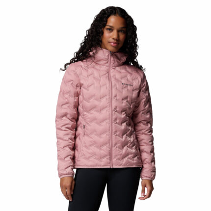 a women wearing a pink Delta Ridge II Down Hooded Jacket