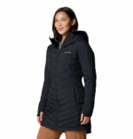 a women wearing a black Joy Peak II Mid Hooded Jacket