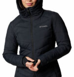 a women wearing a black Joy Peak II Mid Hooded Jacket
