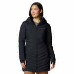 a women wearing a black Joy Peak II Mid Hooded Jacket