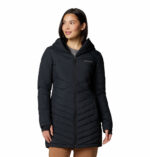 a women wearing a black Joy Peak II Mid Hooded Jacket