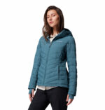 a women wearing a blue Joy Peak II Hooded Jacket