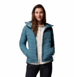 a women wearing a blue Joy Peak II Hooded Jacket
