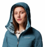 a women wearing a blue Joy Peak II Hooded Jacket