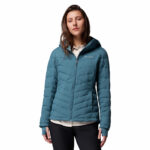 a women wearing a blue Joy Peak II Hooded Jacket
