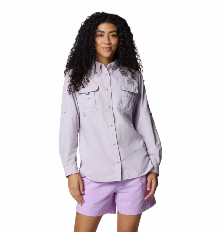 a women wearing a purple Bahama II Long Sleeve Shirt