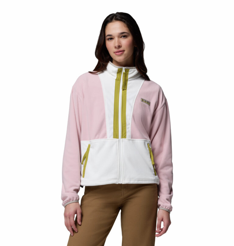 a women wearing a white pink Backbowl II Full Zip Fleece Jacket