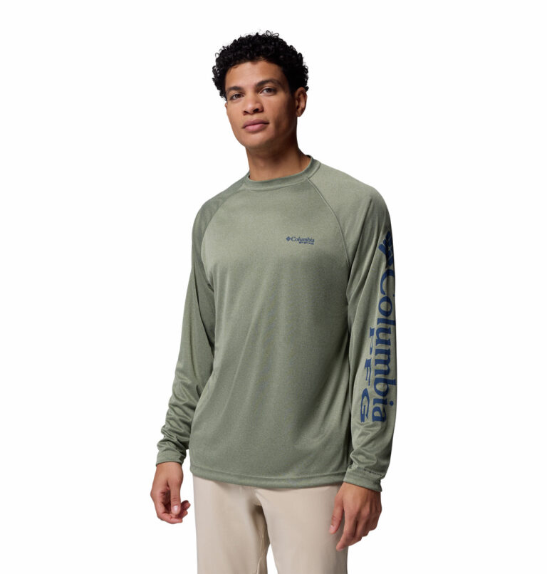 a man wearing a PFG Terminal Tackle Long Sleeve Shirt