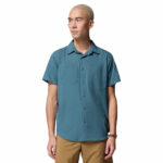 a man wearing a blue Silver Ridge Utility Lite Short Sleeve Shirt