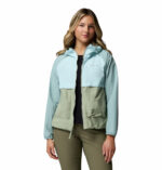 a women wearing a blue brown Spire Valley Windbreaker