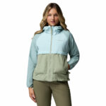 a women wearing a blue brown Spire Valley Windbreaker