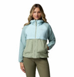 a women wearing a blue brown Spire Valley Windbreaker