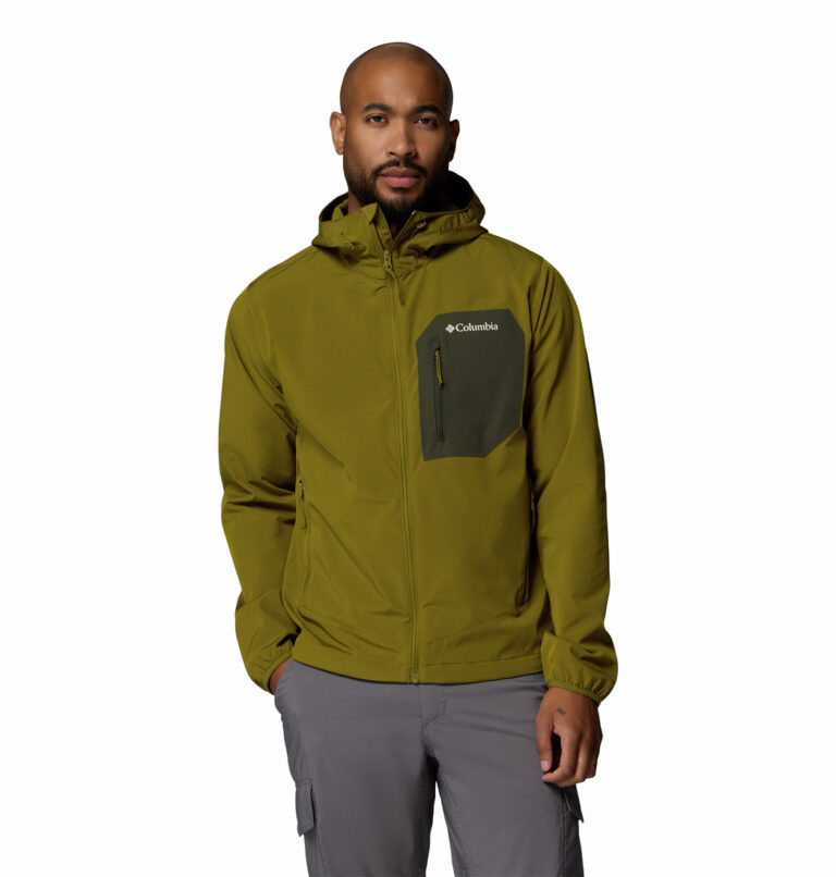 a man wearing a green Tall Heights III Softshell Jacket