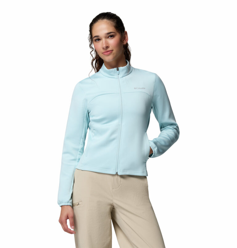 a women wearing a blue Sloan Crest Full Zip Fleece Jacket