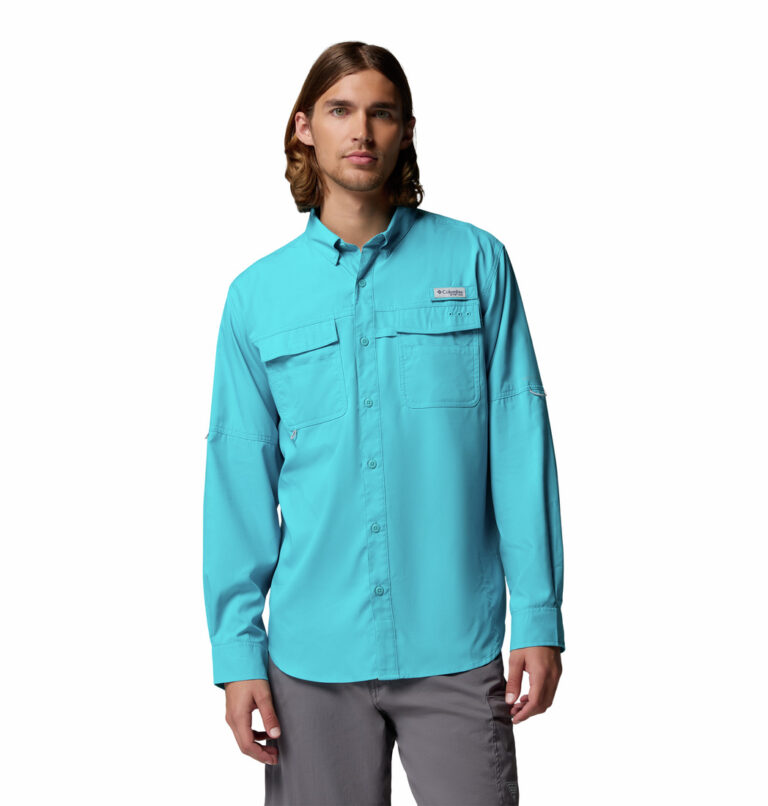 a man wearing as blue PFG Blood and Guts V Long Sleeve Shirt
