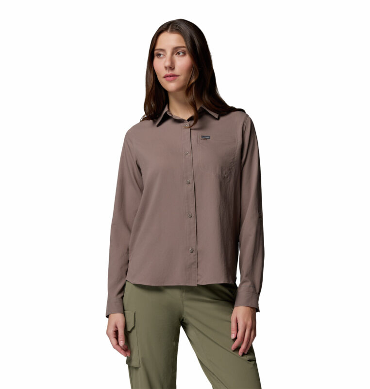 a women wearing a grey Silver Ridge II Utility Long Sleeve Shirt