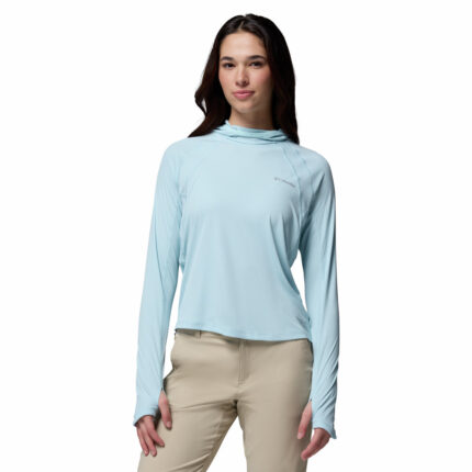 a women wearing a blue Stealth Spring Long Sleeve Hoodie