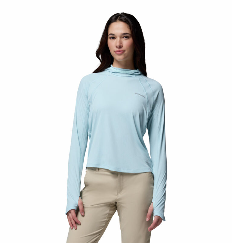 a women wearing a blue Stealth Spring Long Sleeve Hoodie