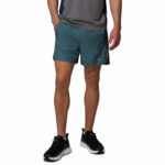 a man wearing a blue three pitch shorts