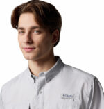 a man wearing a grey PFG Blood and Guts V Short Sleeve Shirt