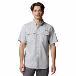 a man wearing a grey PFG Blood and Guts V Short Sleeve Shirt