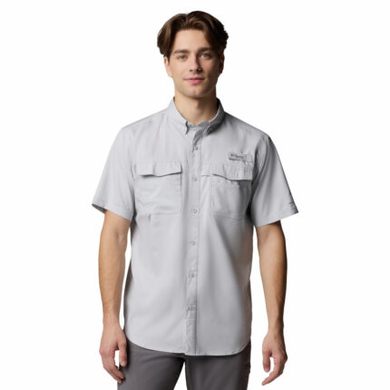 a man wearing a grey PFG Blood and Guts V Short Sleeve Shirt