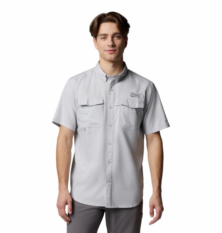 a man wearing a grey PFG Blood and Guts V Short Sleeve Shirt
