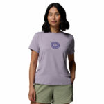 a women wearing a purple Parsons Point Short Sleeve Graphic Tee