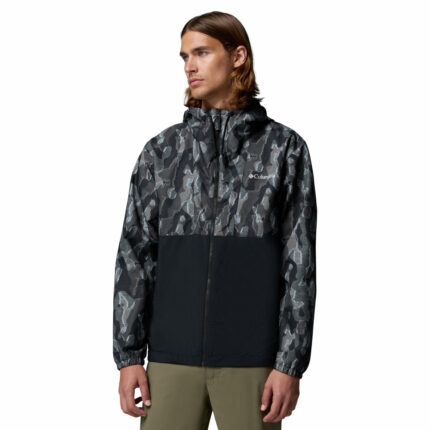 a man wearing a black camo Spore Valley Novelty Windbreaker Jacket
