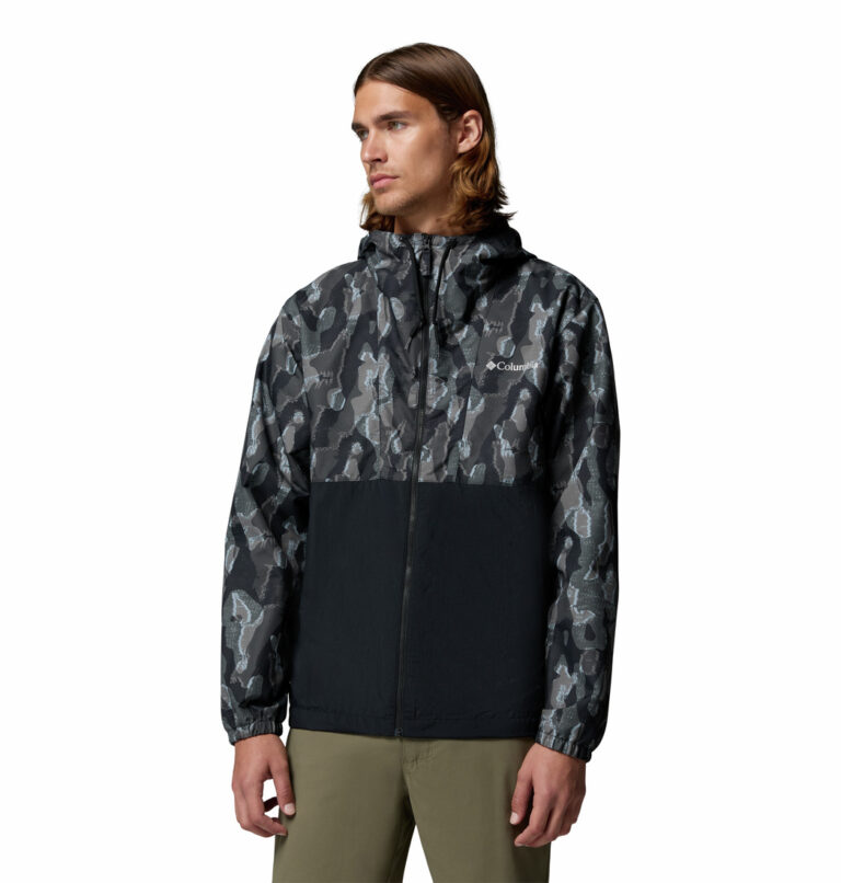 a man wearing a black camo Spore Valley Novelty Windbreaker Jacket