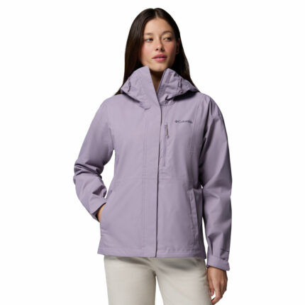 a women wearing a purple Hikebound II Jacket